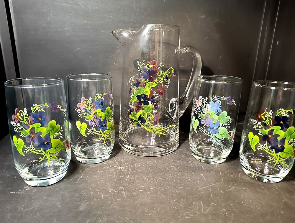 1941.  Vintage Pitcher and 4 Tumblers by Avon Wild Violets J Walsh Signed